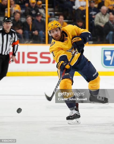 Yannick Weber of the Nashville Predators skates against the Anaheim Ducks during an NHL game at Bridgestone Arena on March 8, 2018 in Nashville,...