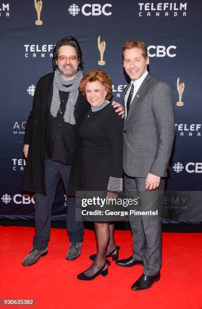 Alexis Durand-Brault, Denise Filiatrault and Gabriel Sabourin arrive at the 2018 Canadian Screen Awards at the Sony Centre for the Performing Arts on...