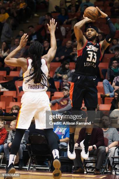 Jeremy Hollowell of the Erie BayHawks shoots the ball against the Canton Charge on March 11, 2018 at Canton Memorial Civic Center in Canton, Ohio....