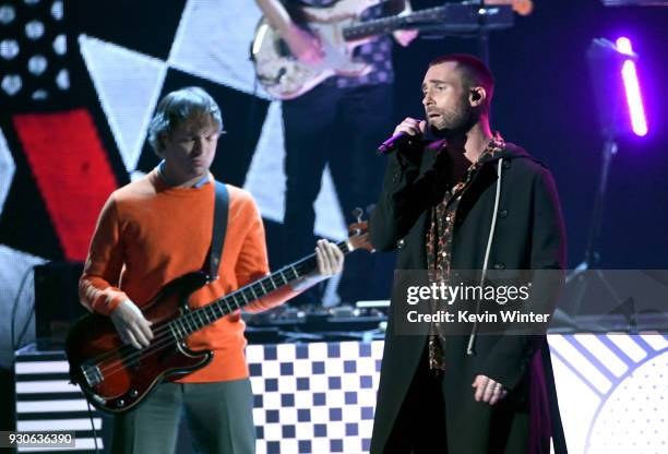 Mickey Madden and Adam Levine of Maroon 5 perform onstage during the 2018 iHeartRadio Music Awards which broadcasted live on TBS, TNT, and truTV at...