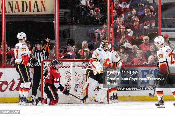 Referee Kendrick Nicholson signals a penalty shot following Jean-Gabriel Pageau of the Ottawa Senators getting tripped by Dougie Hamilton of the...