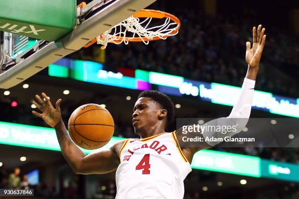 Victor Oladipo of the Indiana Pacers dunks the ball during a game against the Boston Celtics at TD Garden on March 11, 2018 in Boston, Massachusetts....