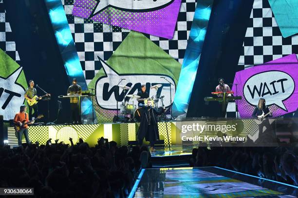 Adam Levine and Maroon 5 perform onstage during the 2018 iHeartRadio Music Awards which broadcasted live on TBS, TNT, and truTV at The Forum on March...