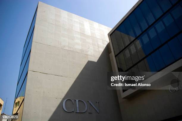 April 16, 2008. Lavapies square, Madrid, Spain. Facade of the Valle Inclan Theatre . The new building was concluded in 2006 and was designed by...