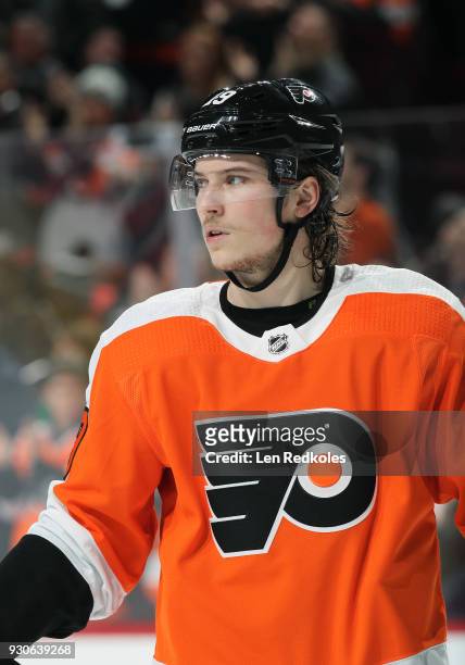 Nolan Patrick of the Philadelphia Flyers looks on against the Pittsburgh Penguins on March 7, 2018 at the Wells Fargo Center in Philadelphia,...
