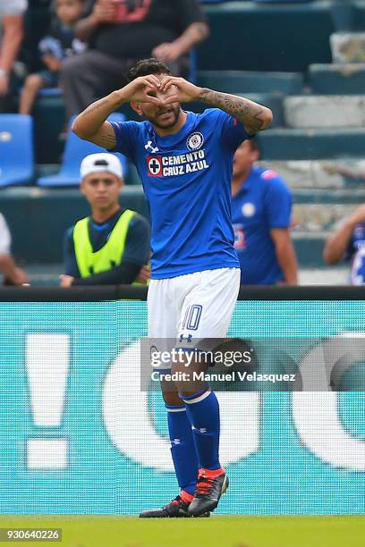 Walter Montoya of Cruz Azul celebrates after scoring the first goal of his team during the 11th round match between Cruz Azul and Pachuca as part of...