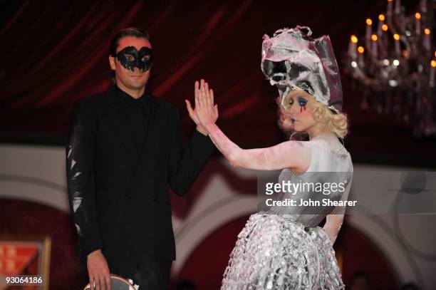 Artist Francesco Vezzoli and Singer Lady Gaga perform during the MOCA NEW 30th anniversary gala held at MOCA on November 14, 2009 in Los Angeles,...