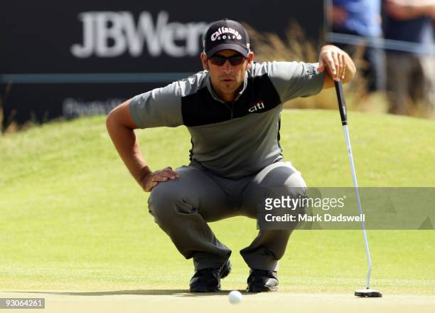 James Nitties of Australia lines up a putt on the 10th hole during round three of the 2009 Australian Masters at Kingston Heath Golf Club on November...