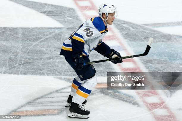 Nikita Soshnikov of the St. Louis Blues looks on during a NHL game against the San Jose Sharks at SAP Center on March 8, 2018 in San Jose, California.