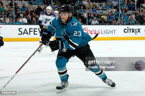 Barclay Goodrow of the San Jose Sharks skates during a NHL game against the St. Louis Blues at SAP Center on March 8, 2018 in San Jose, California.