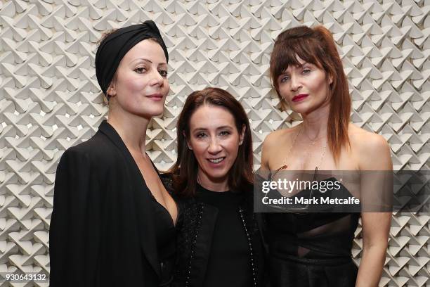 Helena Christensen; Camilla Staerk and Edwina McCann pose during a Q & A at David Jones Elizabeth Street Store on March 10, 2018 in Sydney, Australia.