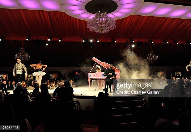 Musician Lady Gaga and artist Francesco Vezzoli perform during the MOCA NEW 30th anniversary gala held at MOCA on November 14, 2009 in Los Angeles,...