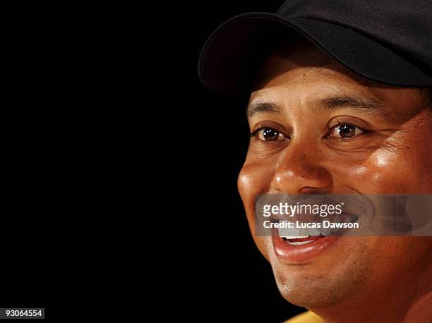 Tiger Woods of the USA speaks to the media at a press conference after the final round of the 2009 Australian Masters at Kingston Heath Golf Club on...