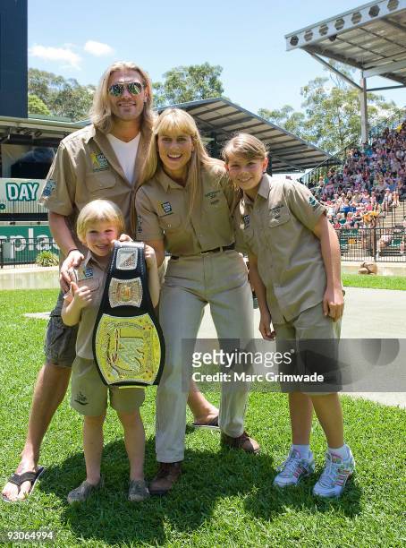 Terri, Robert and Bindi Irwin with WWE Superstar Edge celebrate Steve Irwin Day at Australia Zoo on November 15, 2009 in Sunshine Coast, Australia.
