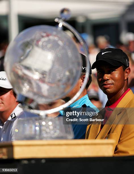 Tiger Woods of the USA looks towards the trophy during the presentation after the final round of the 2009 Australian Masters at Kingston Heath Golf...