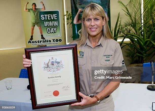 Terri Irwin poses with her citizenship certificate during Steve Irwin Day celebrations at Australia Zoo on November 15, 2009 in Sunshine Coast,...