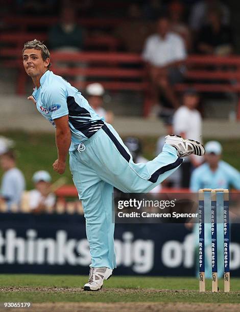 Stephen O'Keefe of the Blues bowls during the Ford Ranger Cup match between New South Wales Blues and Tasmania Tigers at North Sydney Oval on...