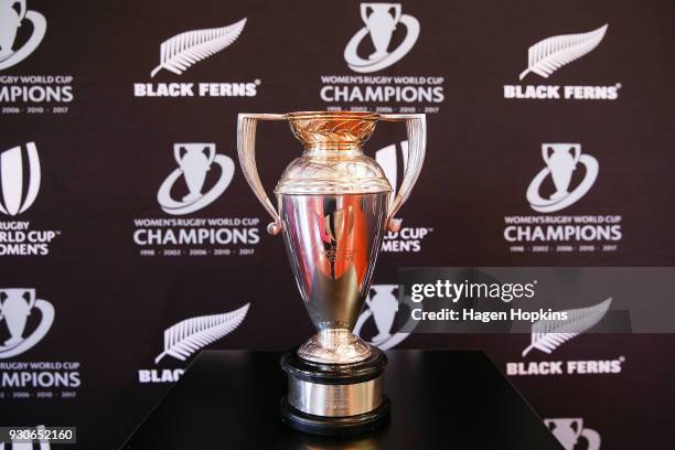 The Women's Rugby World Cup on display during a New Zealand Rugby Media briefing & Announcement of Black Ferns Memorandum of Understanding at St...