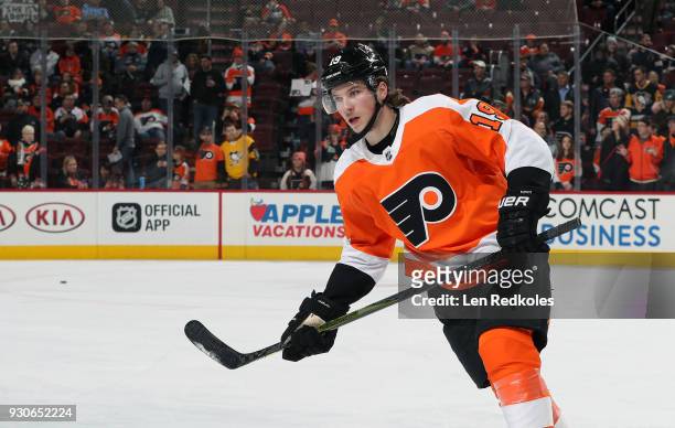 Nolan Patrick of the Philadelphia Flyers warms up against the Pittsburgh Penguins on March 7, 2018 at the Wells Fargo Center in Philadelphia,...