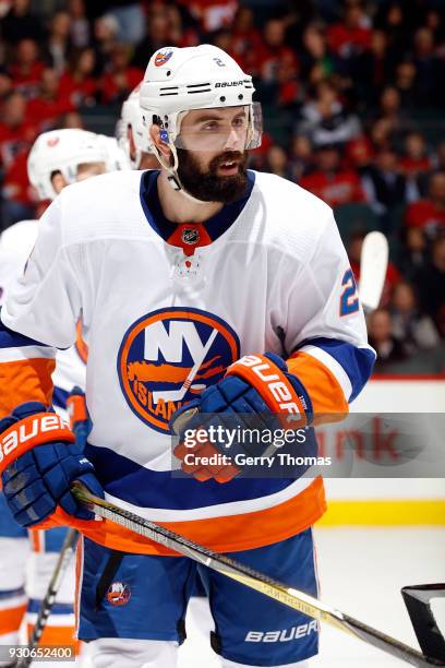 Nick Leddy of the New York Islanders skates against the Calgary Flames during an NHL game on March 11, 2018 at the Scotiabank Saddledome in Calgary,...