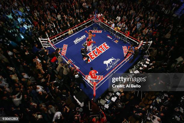 Manny Pacquiao celebrates his 12 round TKO victory against Miguel Cotto as Cotto is consoled by referee Kenny Bayless after their WBO welterweight...