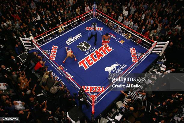 Manny Pacquiao knocks down Miguel Cotto during the fourth round of their WBO welterweight title fight at the MGM Grand Garden Arena on November 14,...