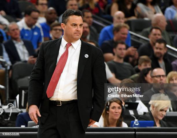 Head coach Sean Miller of the Arizona Wildcats looks on during a semifinal game of the Pac-12 basketball tournament against the UCLA Bruins at...