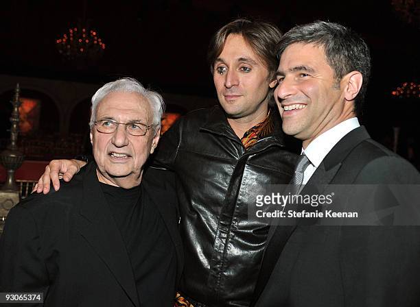 Architect Frank Gehry, artist Francesco Vezzoli, and Director of the LACMA Michael Govan attends the MOCA NEW 30th anniversary gala held at MOCA on...