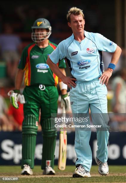 Brett Lee of the Blues looks frustrated during the Ford Ranger Cup match between New South Wales Blues and Tasmania Tigers at North Sydney Oval on...