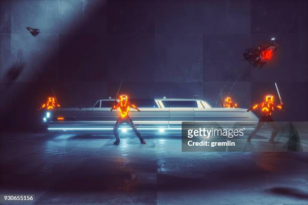 futuristische mob limo mit cyborgs schutz - ninja warrior stock-fotos und bilder