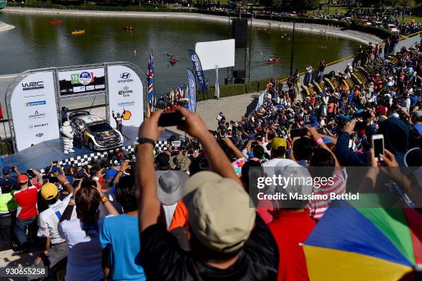 Sebastien Ogier from France and Julien Ingrassia from France celebrate their victory in the final podium in Leon during Day Four of the WRC Mexico on...