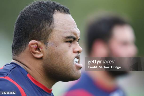 The bleeding cauliflower ears of Sam Talakai are seen during a Melbourne Rebels Super Rugby training session at Gosch's Paddock on March 12, 2018 in...