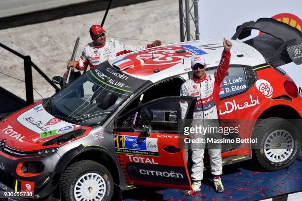 Sebastien Loeb from France and Daniel Elena from Monaco celebrate their fifth position in the final overall during Day Four of the WRC Mexico on...