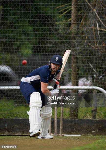 England batsman Mark Stoneman in action during England nets ahead of their first warm up match at Seddon Park on March 12, 2018 in Hamilton, New...