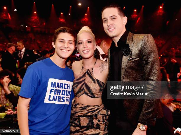 Alex Moscou, Halsey, and G-Eazy attend the 2018 iHeartRadio Music Awards which broadcasted live on TBS, TNT, and truTV at The Forum on March 11, 2018...
