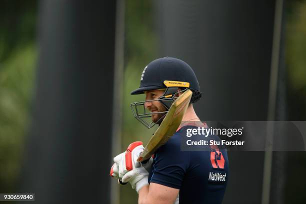 England batsman Mark Stoneman looks on during England nets ahead of their first warm up match at Seddon Park on March 12, 2018 in Hamilton, New...