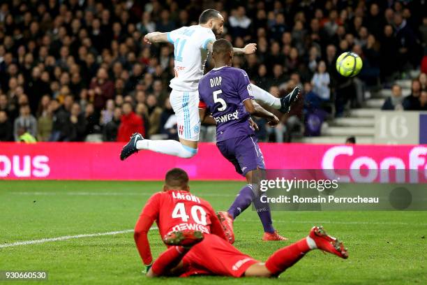 Konstantinos Mitroglou of Marseille scores a goal during the Ligue 1 match between Toulouse and Olympique Marseille at Stadium Municipal on March 11,...