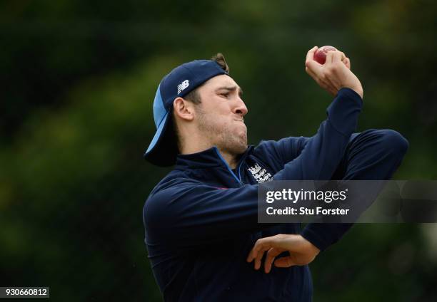 England bowler Craig Overton in action during England nets ahead of their first warm up match at Seddon Park on March 12, 2018 in Hamilton, New...