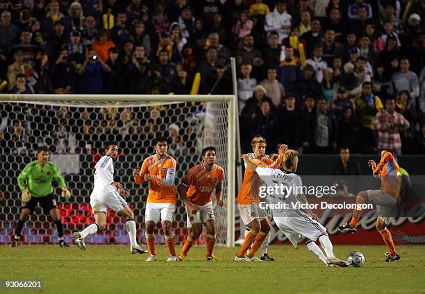 David Beckham of the Los Angeles Galaxy takes a free kick during the MLS Western Conference Championship match against the Houston Dynamo at The Home...