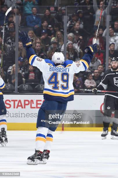 Ivan Barbashev of the St. Louis Blues celebrates after his team scores a goal against the Los Angeles Kings at STAPLES Center on March 10, 2018 in...