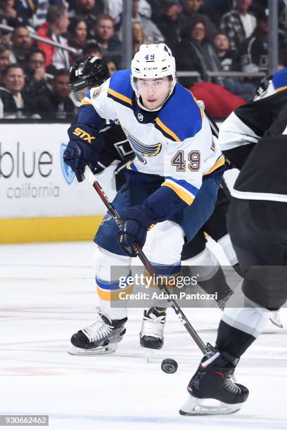 Ivan Barbashev of the St. Louis Blues handles the puck during a game against the Los Angeles Kings at STAPLES Center on March 10, 2018 in Los...