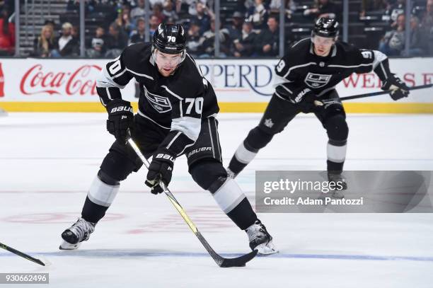 Tanner Pearson of the Los Angeles Kings handles the puck during a game against the St. Louis Blues at STAPLES Center on March 10, 2018 in Los...