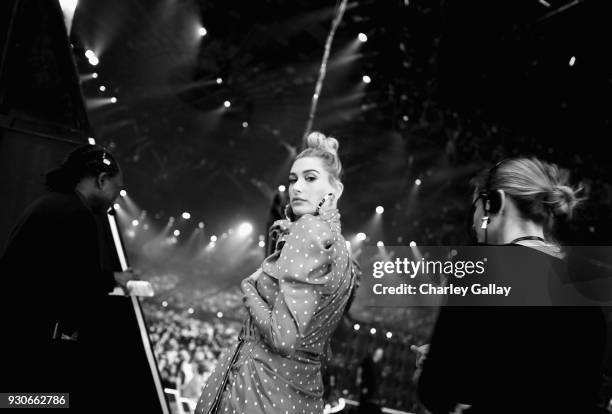 Hailey Baldwin attends the 2018 iHeartRadio Music Awards which broadcasted live on TBS, TNT, and truTV at The Forum on March 11, 2018 in Inglewood,...