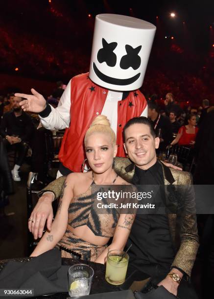 Marshmello, Halsey and G-Eazy attend the 2018 iHeartRadio Music Awards which broadcasted live on TBS, TNT, and truTV at The Forum on March 11, 2018...