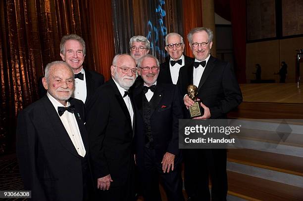 In this handout photo provided by A.M.P.A.S. Producer Dino De Larentiis, actor Warren Beatty, prodicer Saul Zaentz, director/producer George Lucas,...