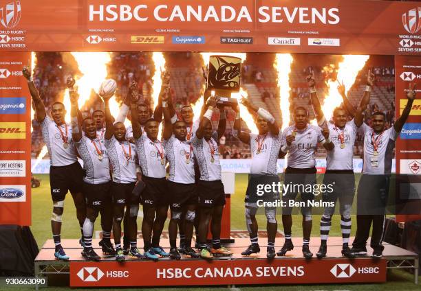 Team Fiji celebrate with the trophy after defeating Kenya to win the gold medal game at Canada Sevens, the Sixth round of the HSBC Sevens World...