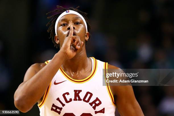 Myles Turner of the Indiana Pacers reacts after hitting a three-point shot during a game against the Boston Celtics at TD Garden on March 11, 2018 in...