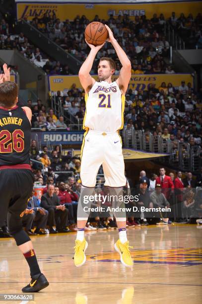 Travis Wear of the Los Angeles Lakers shoots the ball against the Cleveland Cavaliers on March 11, 2018 at STAPLES Center in Los Angeles, California....