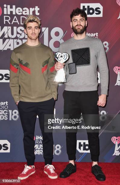 Andrew Taggart and Alex Pall of The Chainsmokers, winners of the awards for Best Collaboration for 'Something Just Like This;' Dance Artist of the...