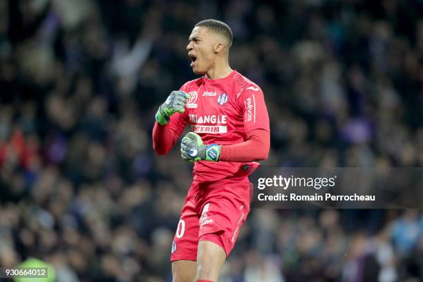 Alban Lafont of Toulouse rects after the goal of his team during the Ligue 1 match between Toulouse and Olympique Marseille at Stadium Municipal on...